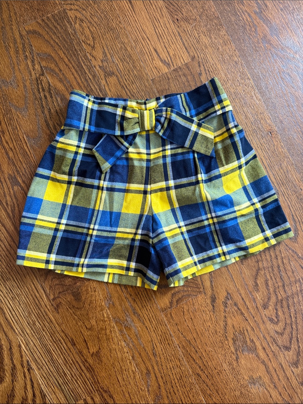 Mayoral Yellow & Blue Plaid High-Waist Shorts with Bow